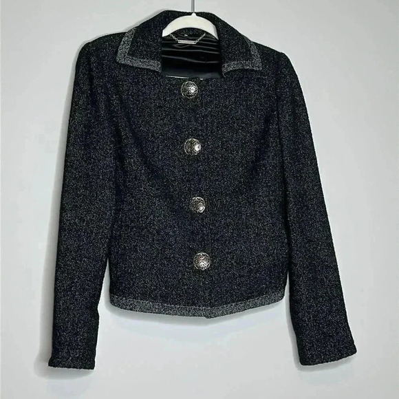 Elie Tahari Black Silver Buttoned Mottled Tweed Jacket - Picture 3 of 10